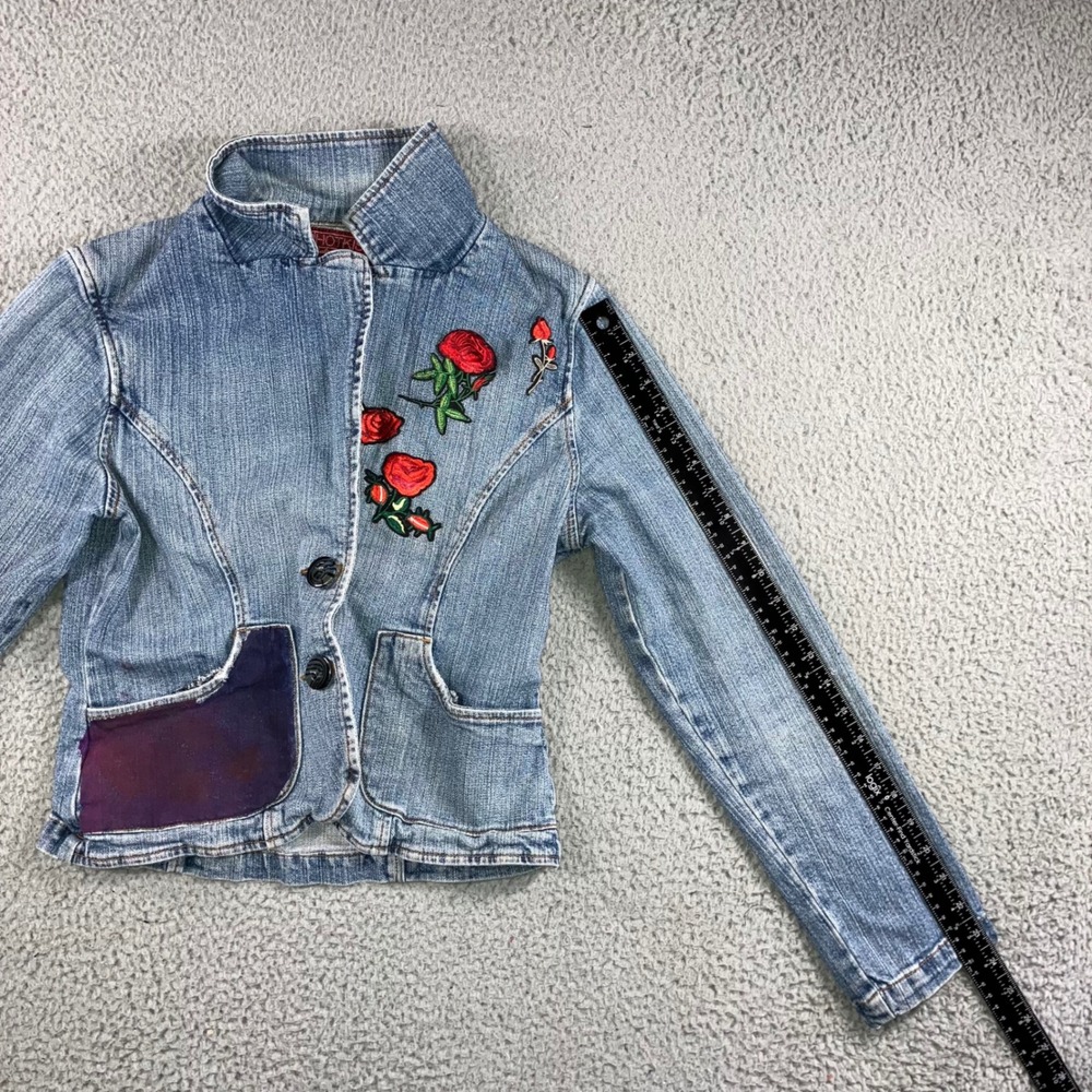 Vintage Denim Patch Jacket Women M Rose‎ Embroidered Patch Blue Jean Y2K 2000s - Picture 11 of 13